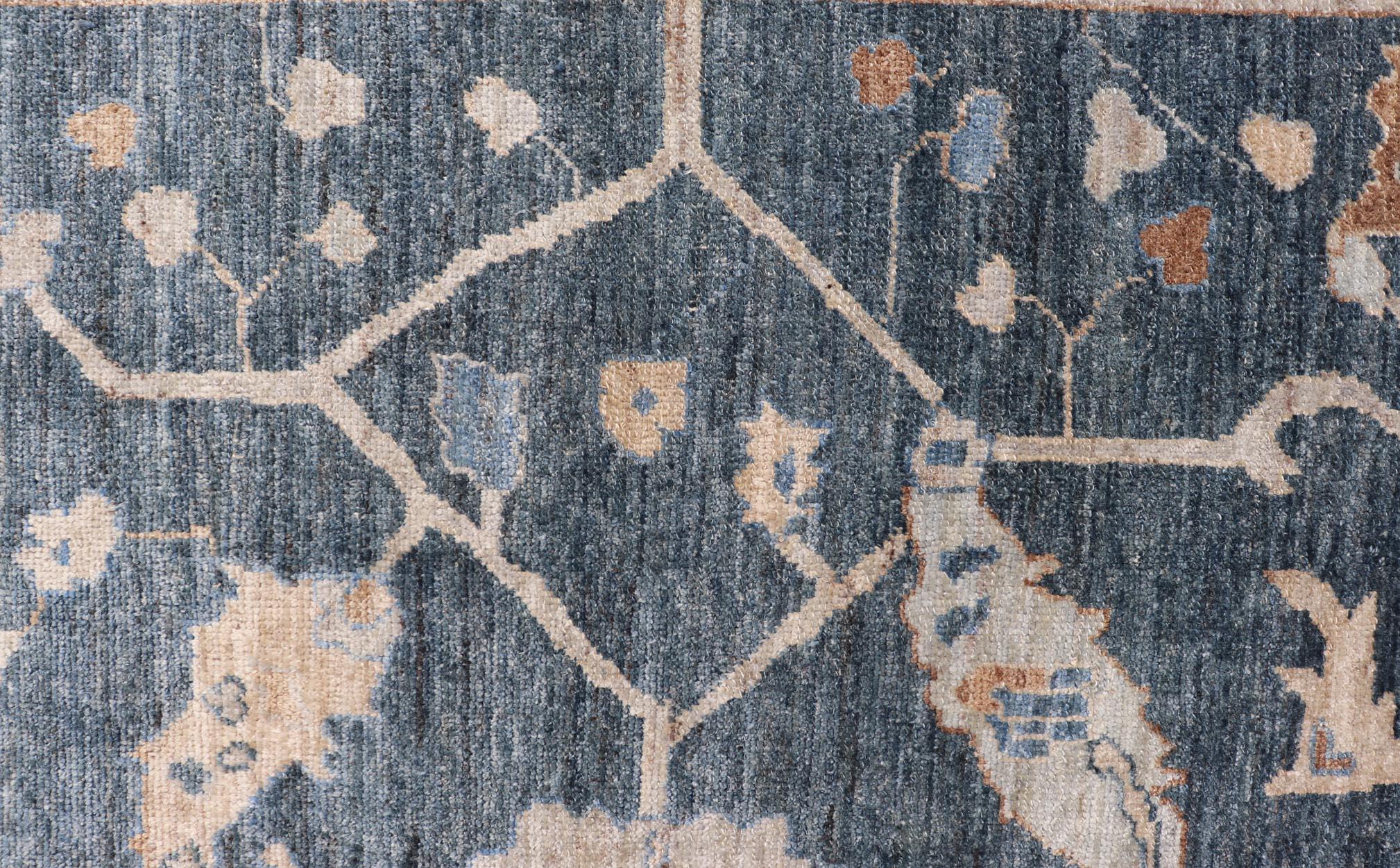 Luxurious Turkish Angora Oushak Rug in Deep Blue and Beige With Floral Design For Sale 3