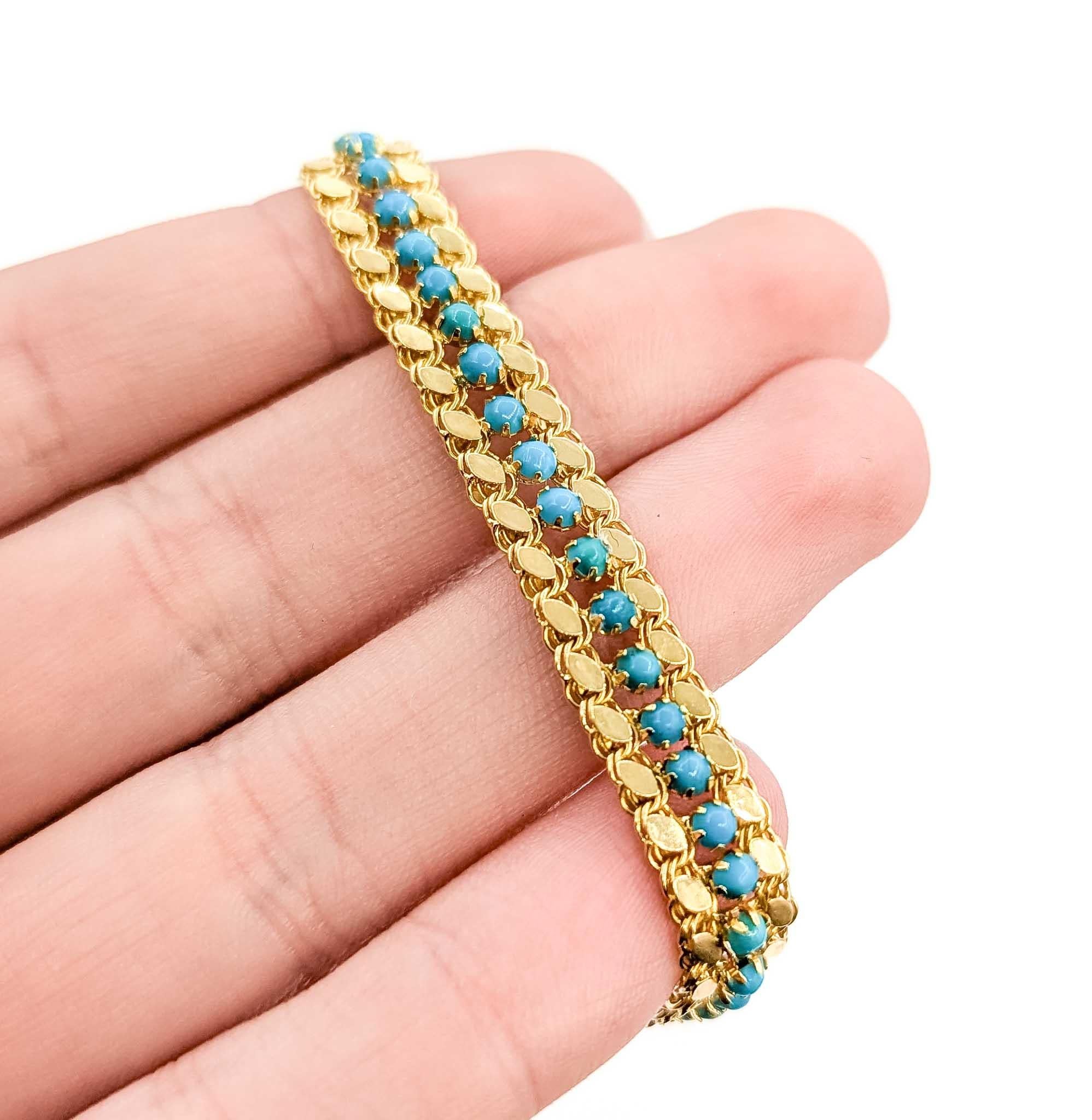 Taille ronde Luxueux bracelet à mailles en or jaune 18k et turquoise en vente