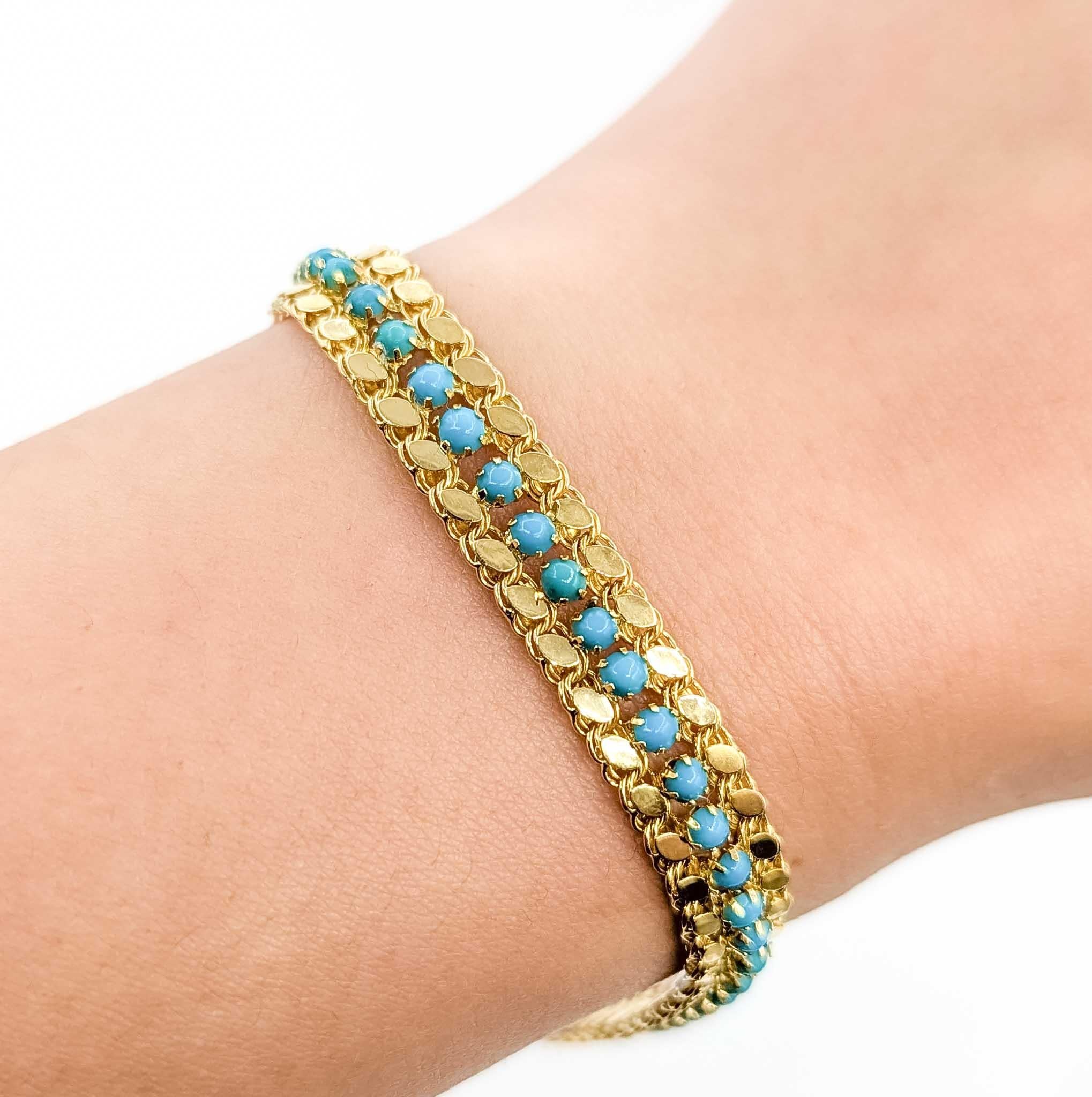 Luxueux bracelet à mailles en or jaune 18k et turquoise Excellent état - En vente à Bloomington, MN