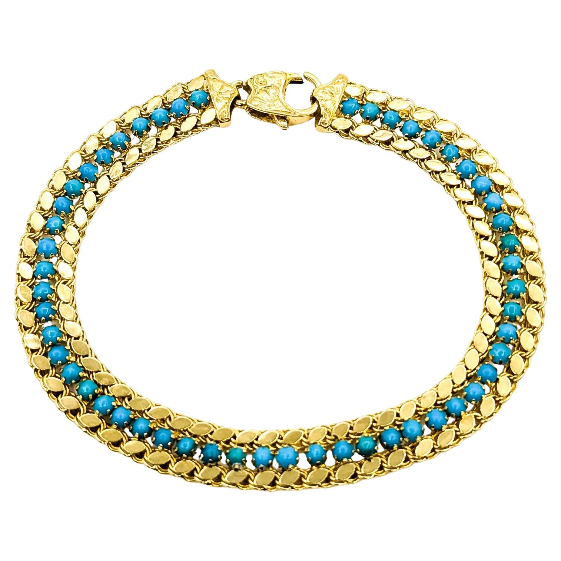 Lussuoso bracciale a maglie con turchesi in oro giallo 18 carati