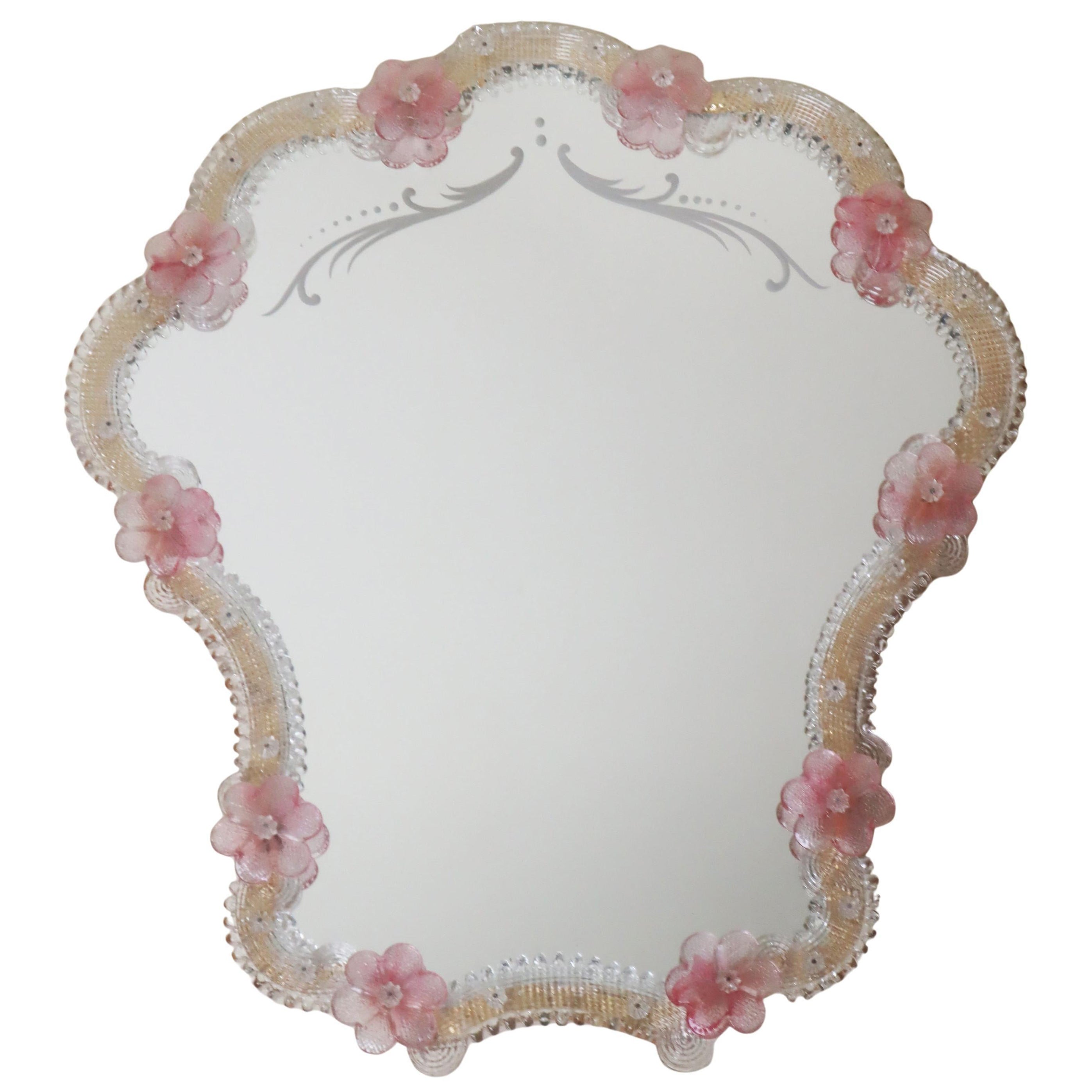 Luxurious Venetian Pink Wall Mirror with Flowers, Italy 1960