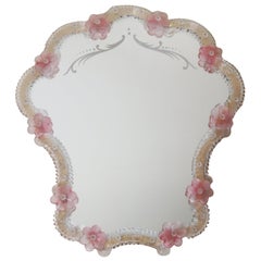 Luxurious Venetian Pink Wall Mirror with Flowers, Italy 1960