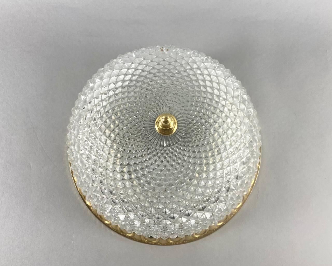 Luxurious Vintage Ceiling Lamp  Glass Shade In Gilt Bronze Fittings In Excellent Condition For Sale In Bastogne, BE