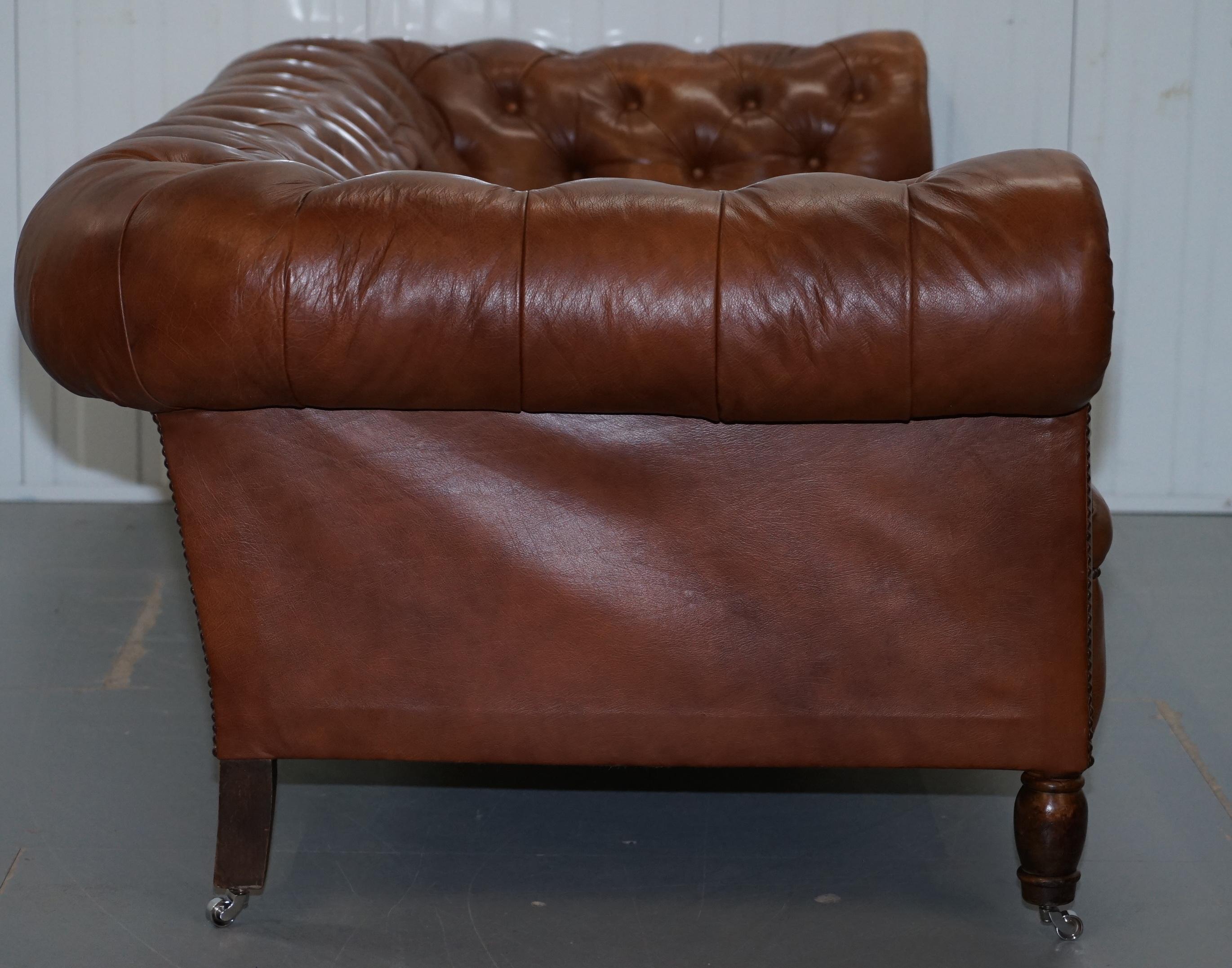 Luxurious Vintage Chesterfield Three-Seat Brown Leather Sofa Chrome Castors 10