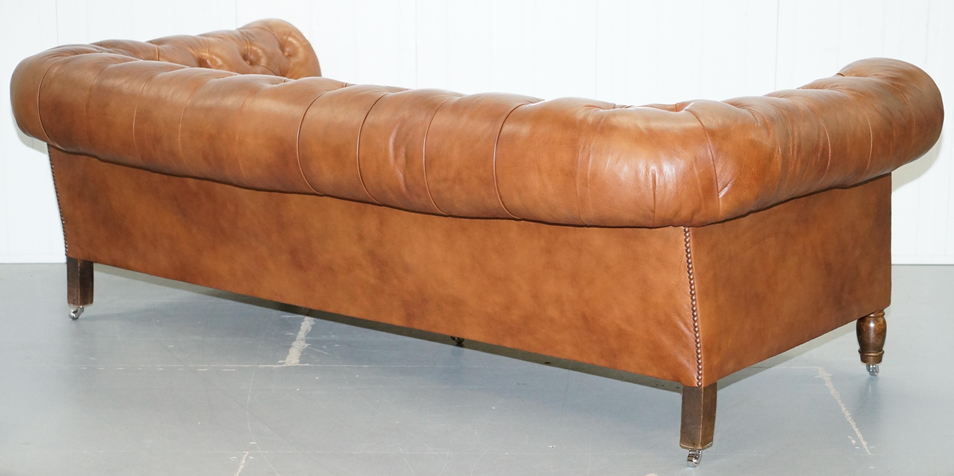 Luxurious Vintage Chesterfield Three-Seat Brown Leather Sofa Chrome Castors 11