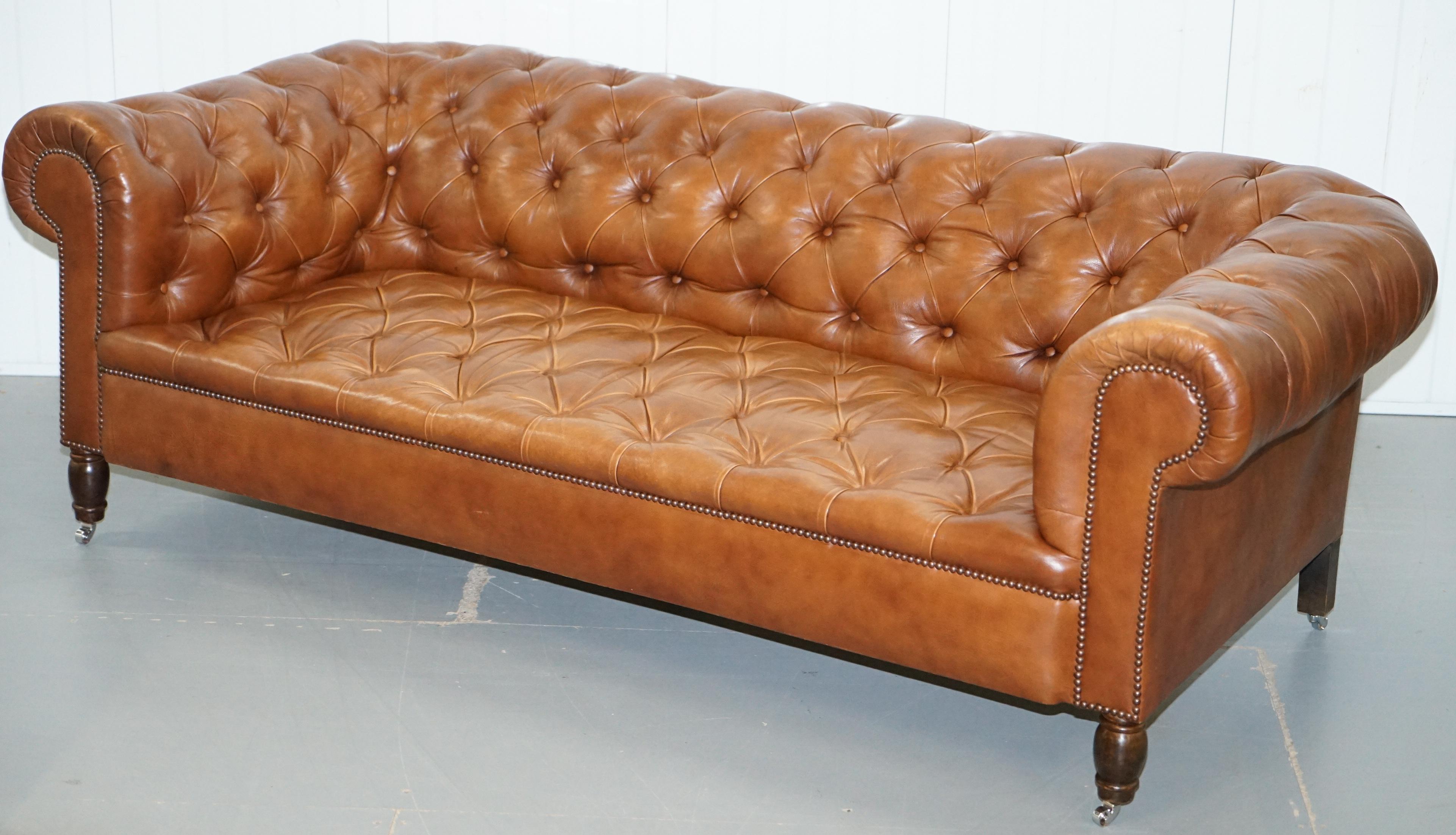 English Luxurious Vintage Chesterfield Three-Seat Brown Leather Sofa Chrome Castors