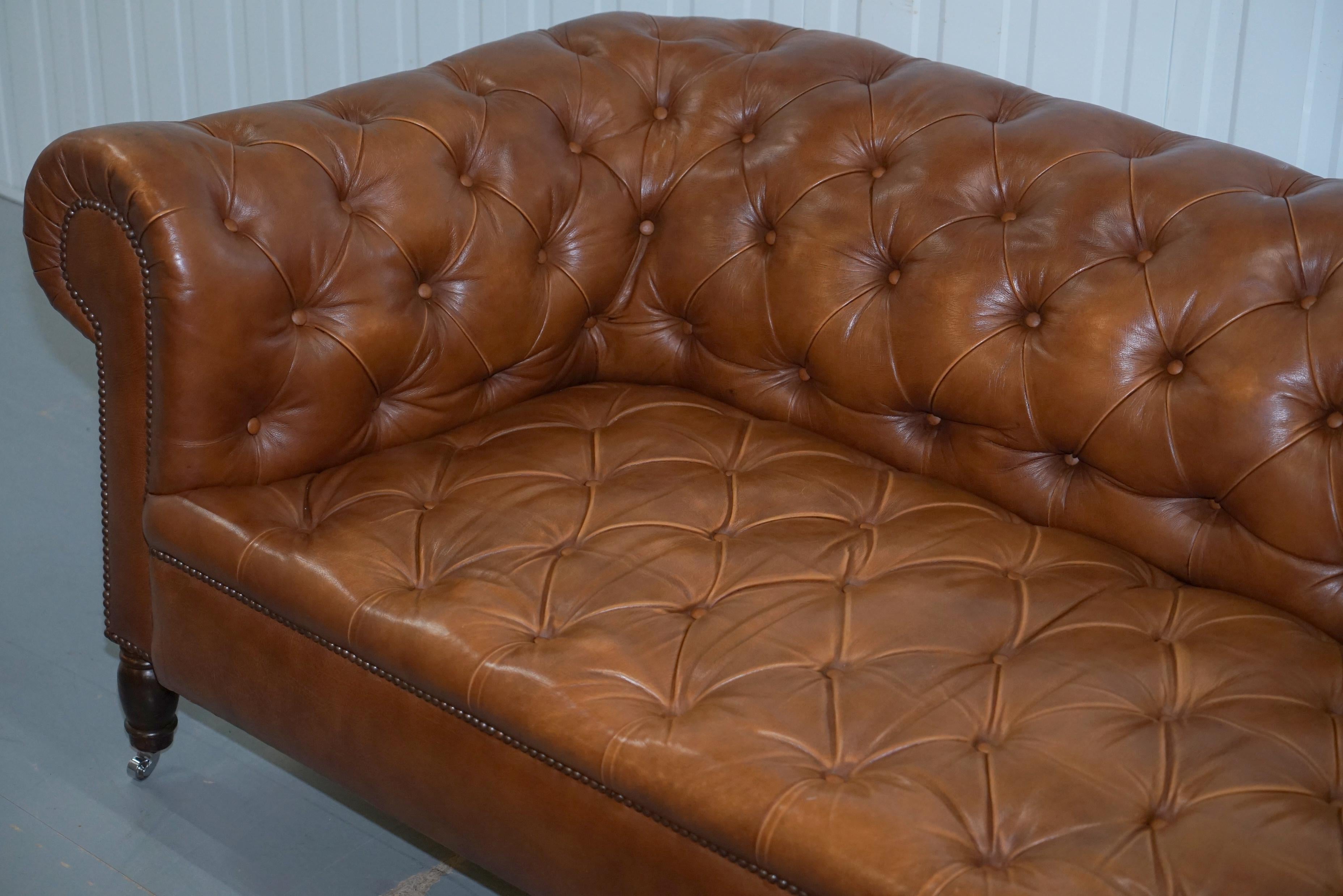 Hand-Crafted Luxurious Vintage Chesterfield Three-Seat Brown Leather Sofa Chrome Castors