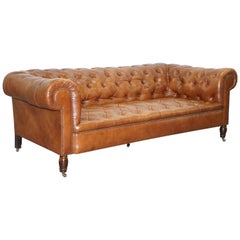 Luxurious Vintage Chesterfield Three-Seat Brown Leather Sofa Chrome Castors