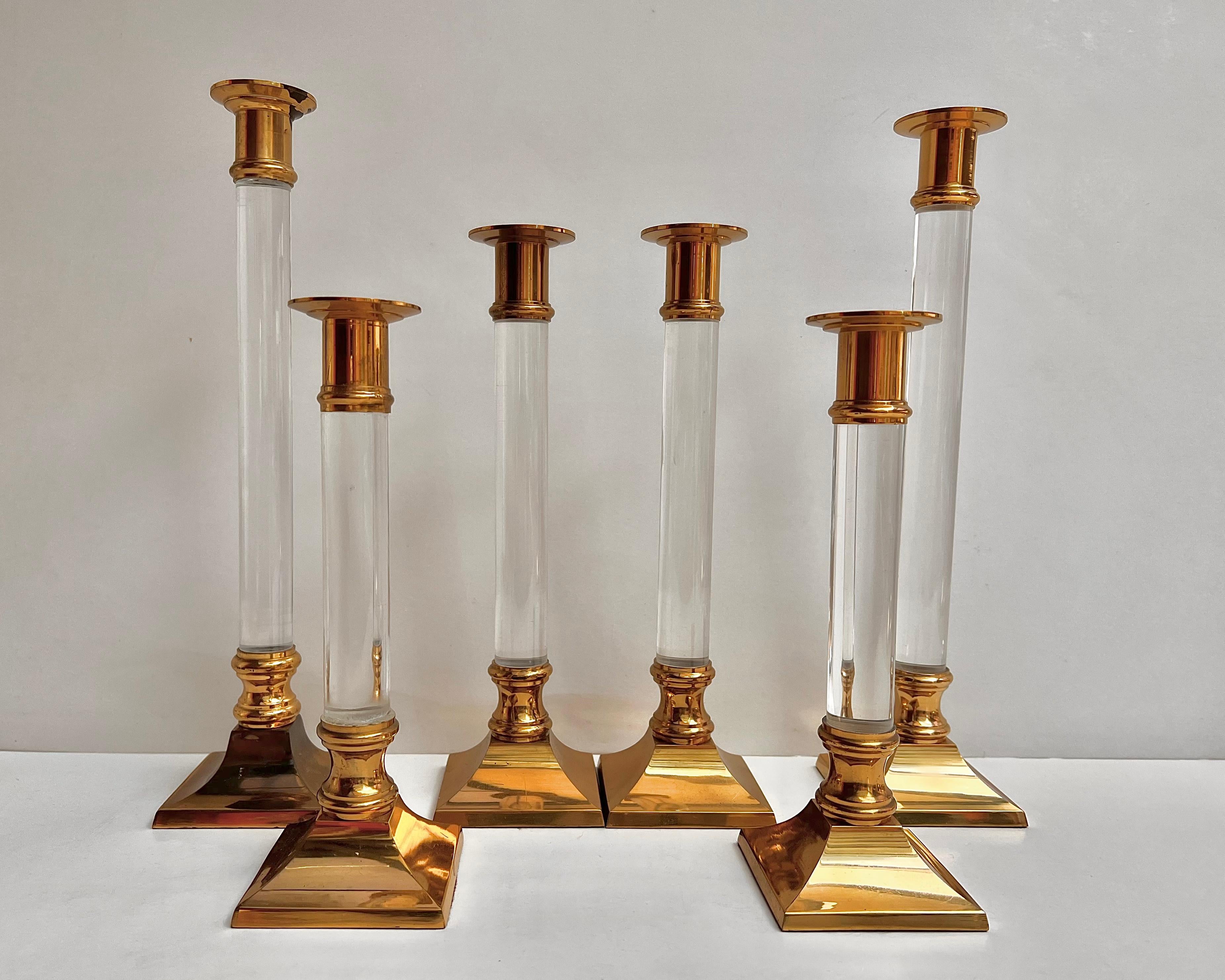 Original Vintage Set of 6 Candlesticks made of gilt brass and plexiglass.

Manufactured in France, 1970s.

The product is made of high-quality brass and plexiglass characterized by resistance to temperature effects and mechanical damage.