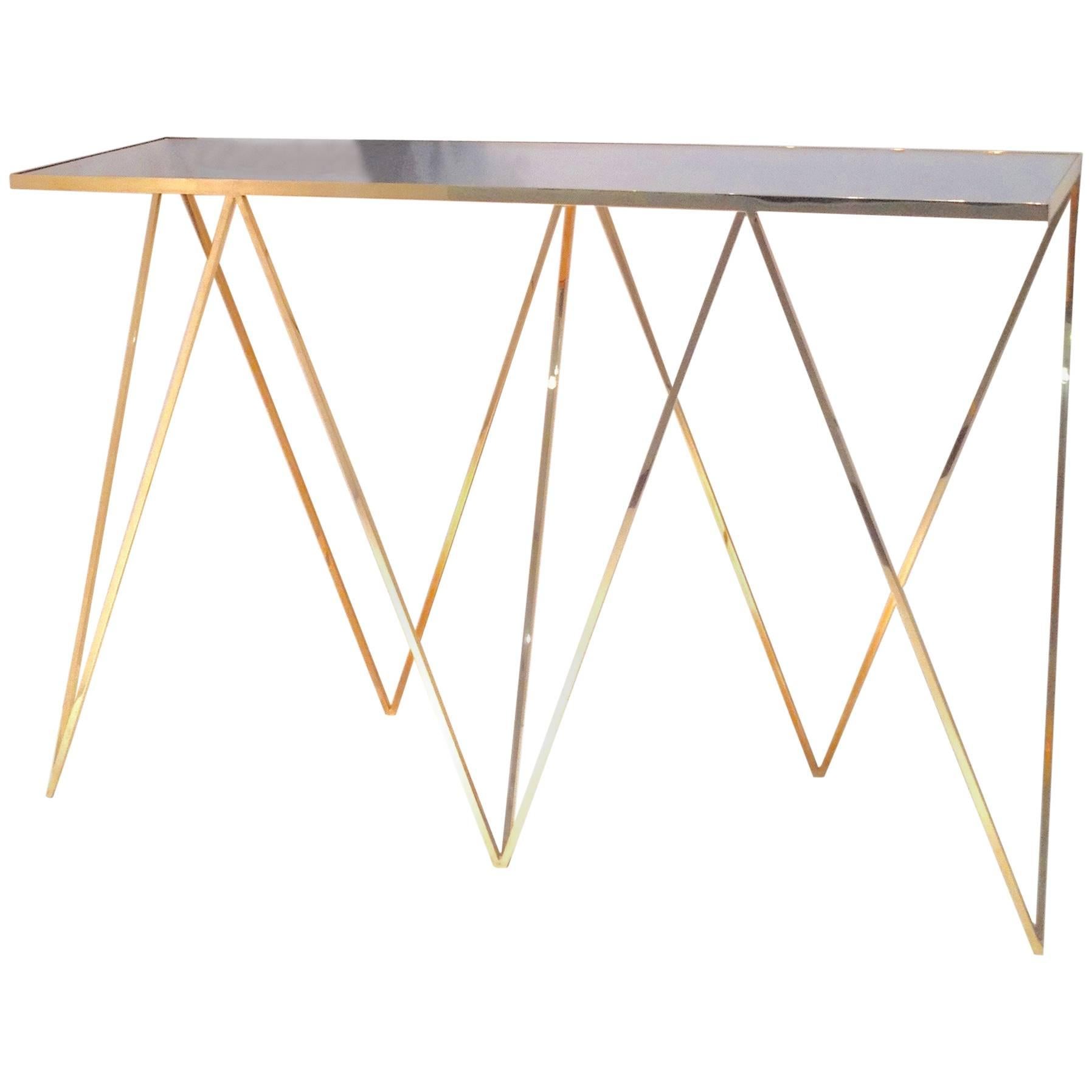 Luxueuse table console girafe vintage en laiton massif avec plateau en acier