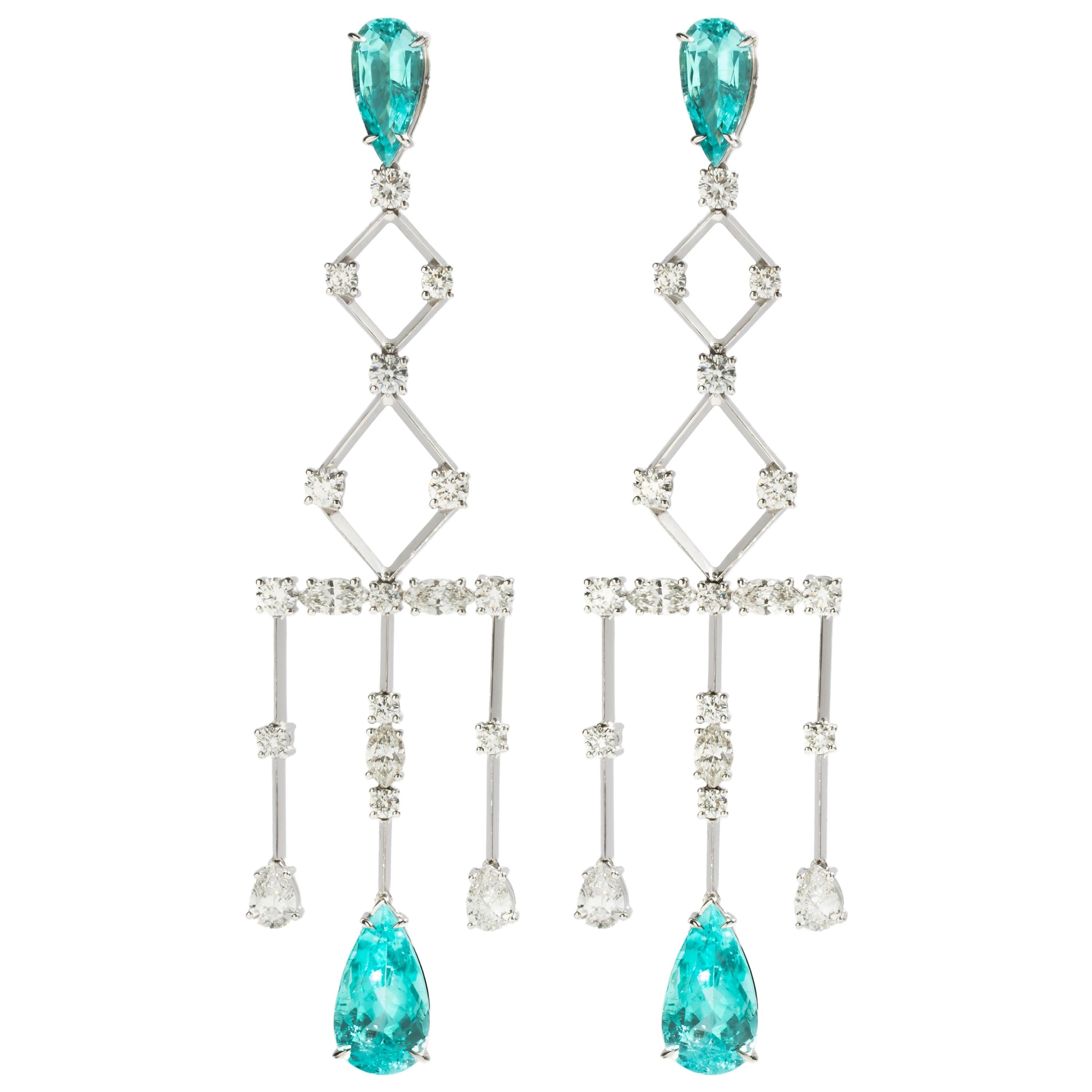 EARRINGS 18 Karat White Gold, 12.22 Carat Paraiba Tourmaline, 5.04 Carat Diamond For Sale