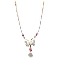 Luxurious Yellow Gold Round Cut Diamonds and Baguette Cut Ruby Necklace