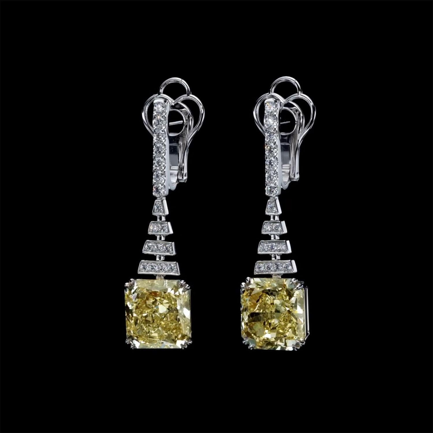 Art Deco Luxury 14.12 Carat Fancy Yellow Diamond Earrings, GIA, Drop Diamond Earrings For Sale