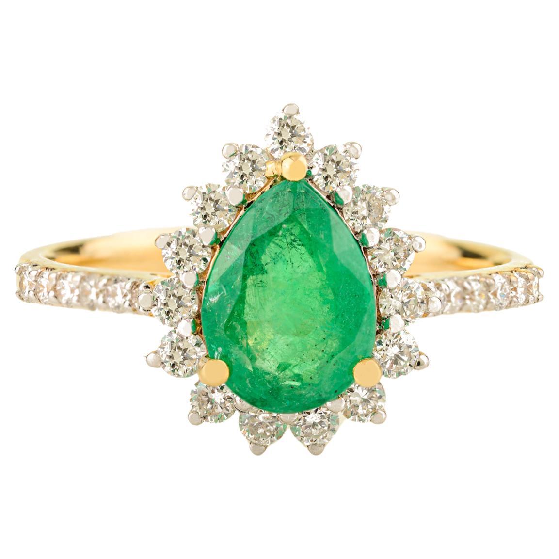 Luxus 14k massivem Gelbgold Birne Smaragd und Diamant Halo Verlobungsring