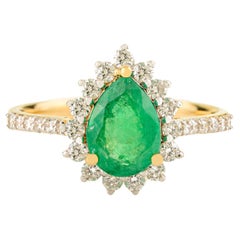 Luxury 14k Solid Yellow Gold Pear Emerald and Diamond Halo Engagement Ring