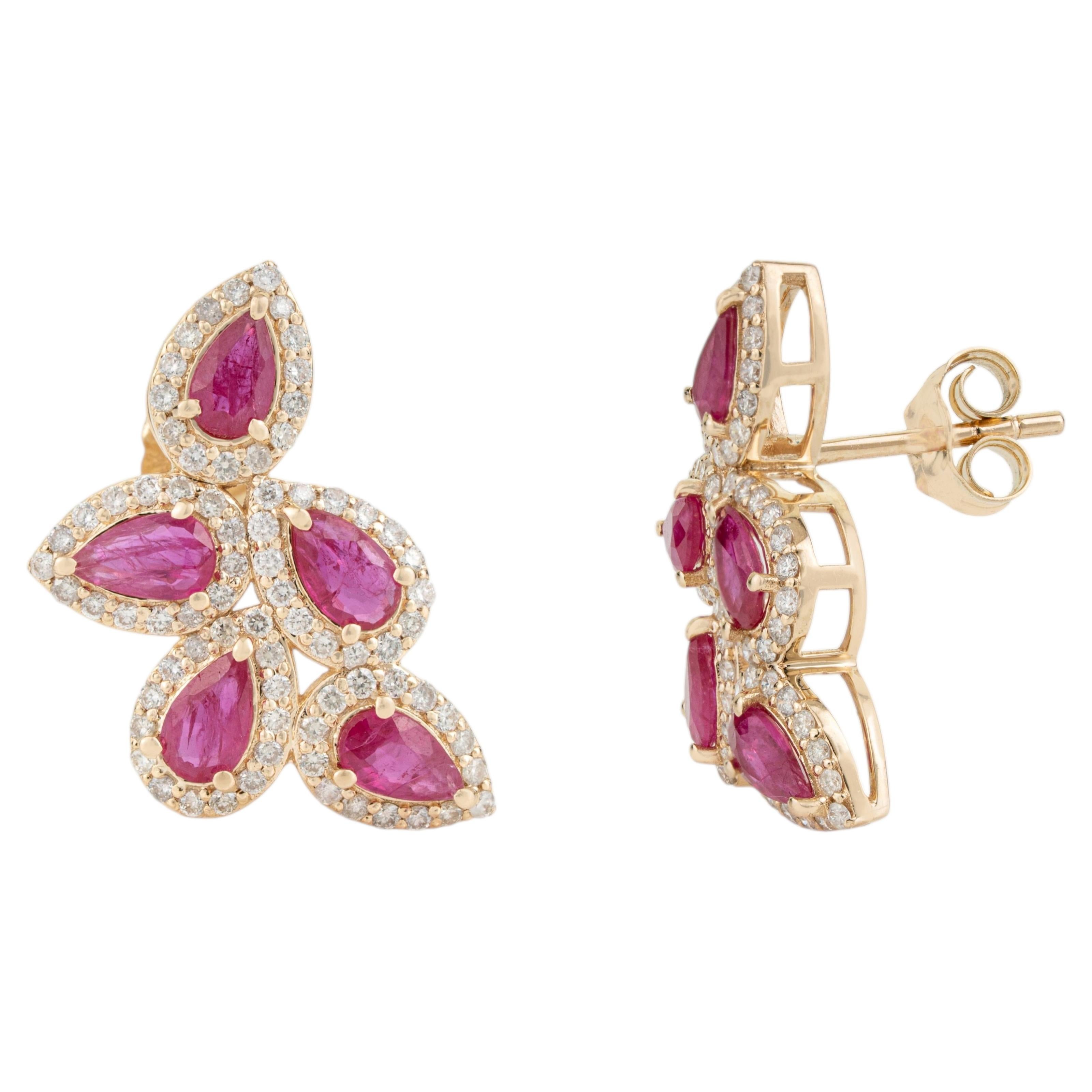 Luxury 14K Yellow Gold 1.83ct Pear Ruby Diamond Floral Stud Earrings