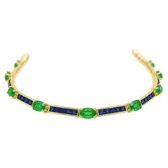 Luxury 14K Yellow Gold Emerald Bracelet with Square Cut Sapphire Link Bracelets