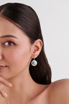Luxury 14K Yellow Gold Turquoise & Diamond Double Halo Drop Earrings, 3.07ct