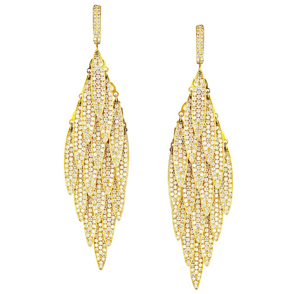 Luxury 15 Carat Large Pendant Diamond Feather 18 Karat Yellow Gold Earrings