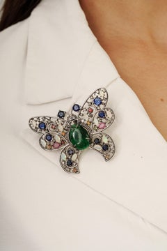 Luxury 17.62ct Multi Gemstone & Diamond Butterfly Brooch Pendant in 925 Silver