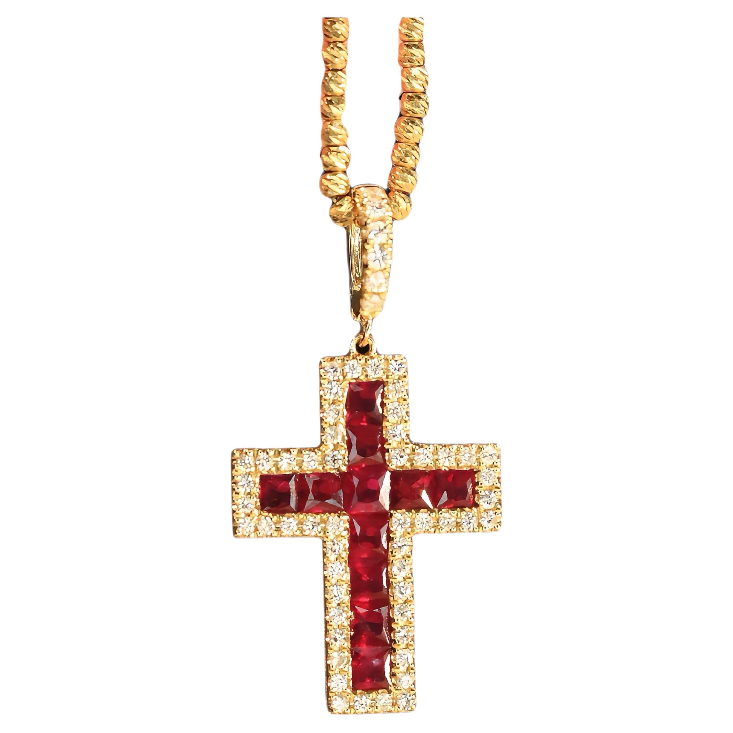 Luxury 18K Gold 0.80ct Ruby Diamond Cross Pendant For Sale