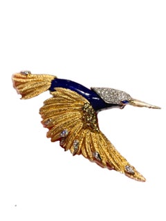 Pendentif broche oiseau en or 18K avec lapis-lazuli et diamants
