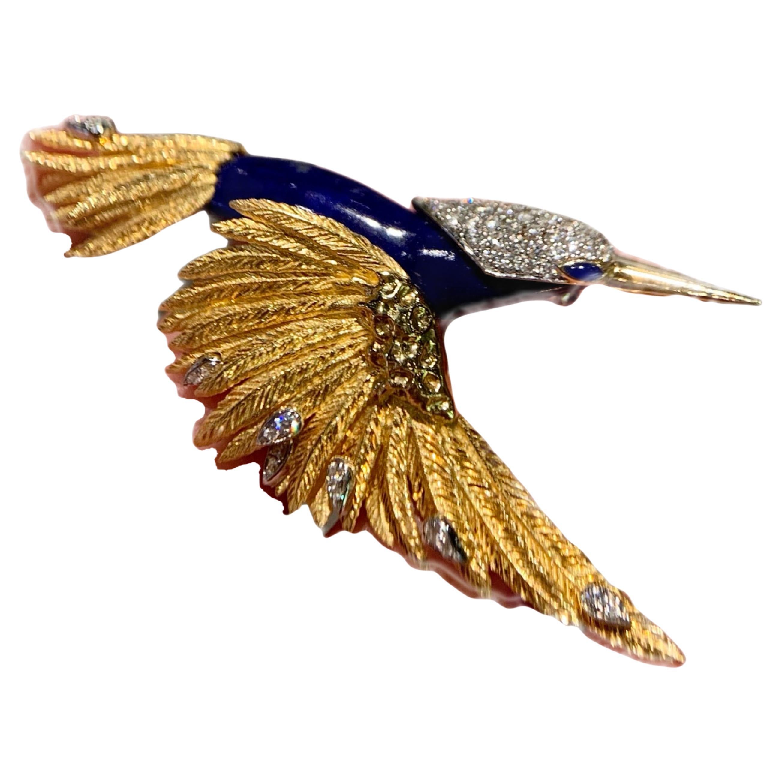 Luxury 18K Gold Bird Brooch Pendant with Lapis Lazuli and Diamonds