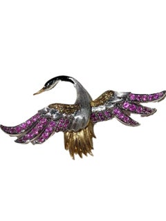 Luxury 18K Gold Convertible Crane Brooch Pendant with Pink & Yellow Sapphires