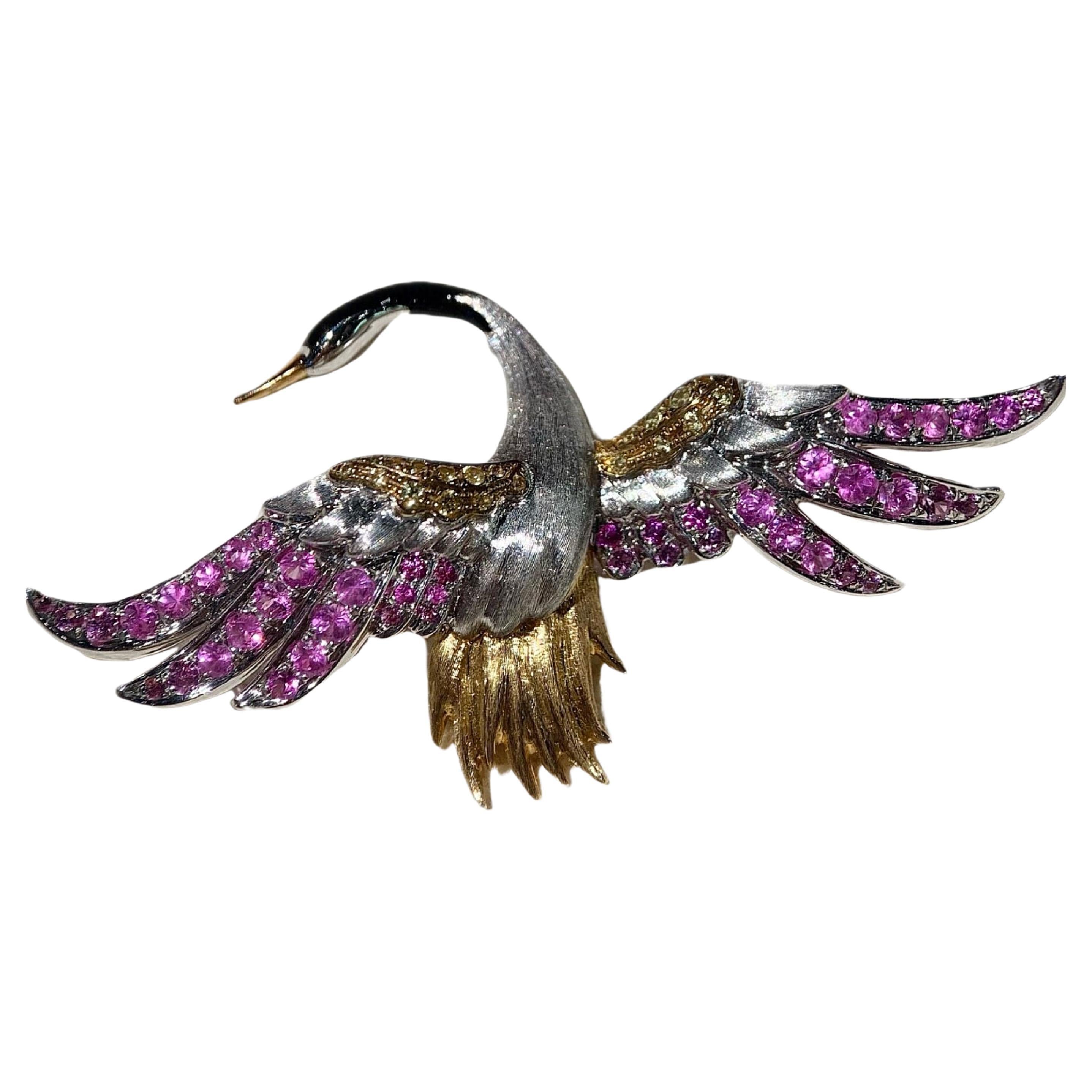 Luxury 18K Gold Convertible Crane Brooch Pendant with Pink 
Yellow Sapphires For Sale