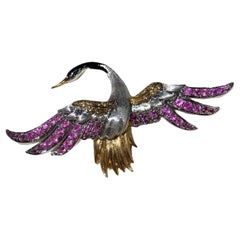 Luxury 18K Gold Convertible Crane Brooch Pendant with Pink & Yellow Sapphires
