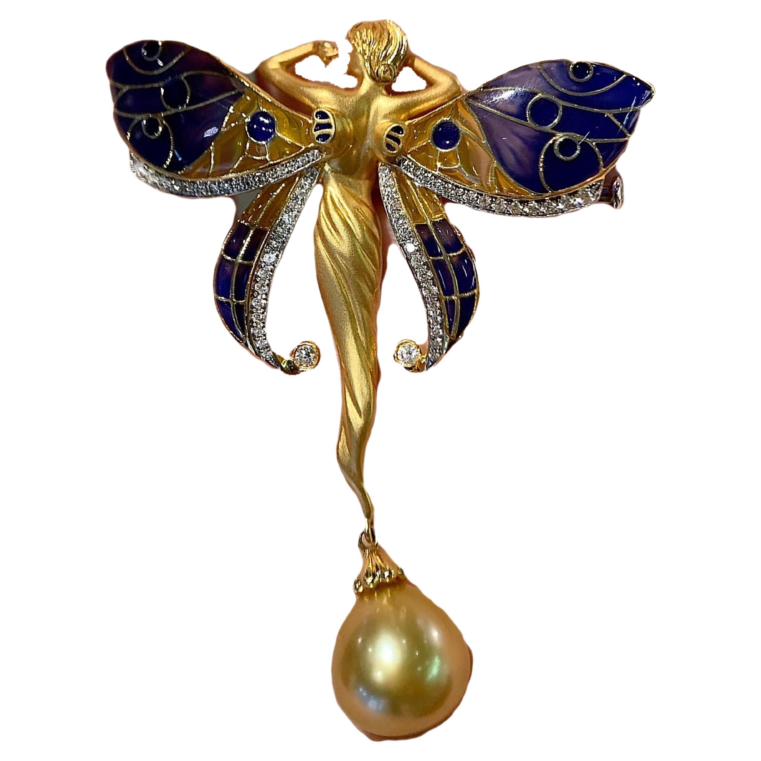 Luxury 18K Gold Elf Brooch with South Sea Pearl and Diamonds