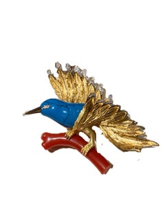 Luxury 18K Gold Kingfisher Brooch with Turquoise, Diamonds & Coral