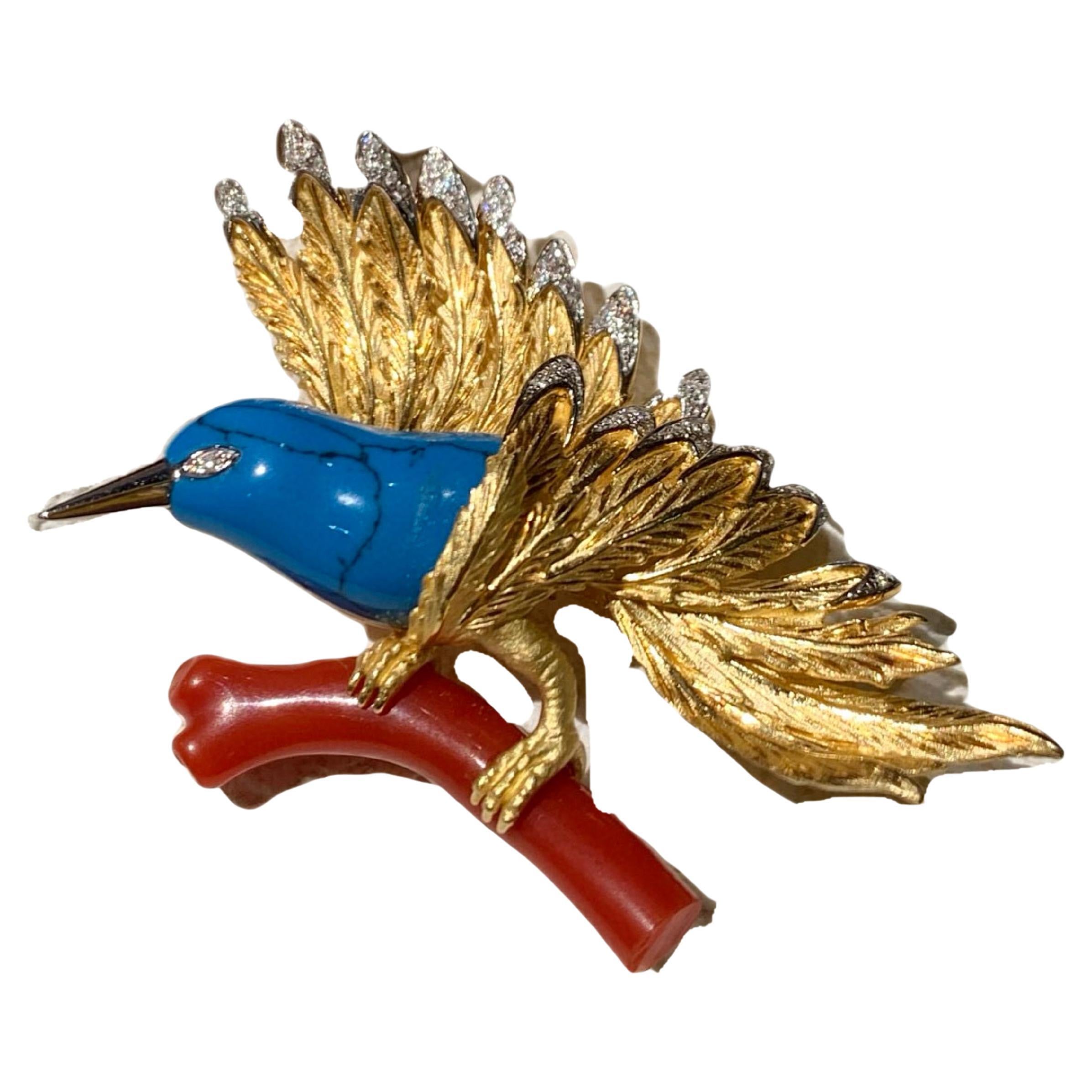 Luxury 18K Gold Kingfisher Brooch with Turquoise, Diamonds 
Coral For Sale