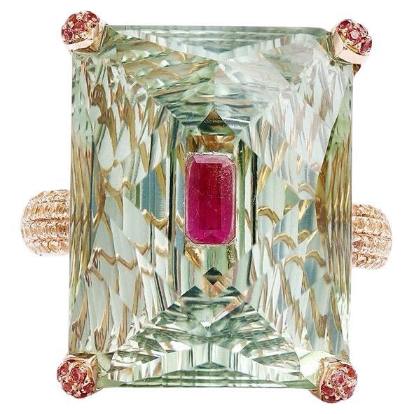 E021
 Luxury Ring with Red Beryl Red Emerald stone 18K gold 

Total weight : 10.71 Gram
Material : 18K pink gold 
Main stone: Natural Red Emerald Red Beryl 0.17ct original American 
Main stone: Natural Green Quartz 25.18ct, 
Side Stone: Natural