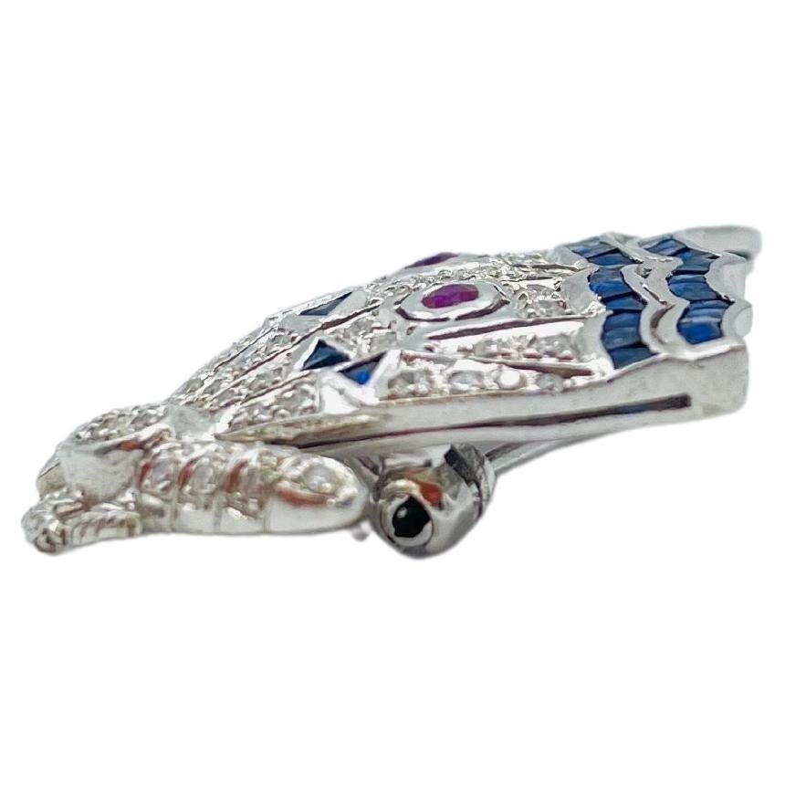 Luxury 18k white gold brooch with diamonds, sapphires and rubies iced out For Sale 5