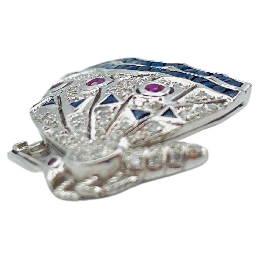 Luxury 18k white gold brooch with diamonds, sapphires and rubies iced out For Sale 6