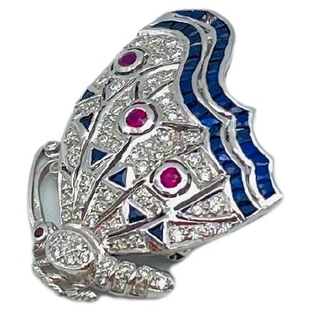 Luxury 18k white gold brooch with diamonds, sapphires and rubies iced out For Sale 7