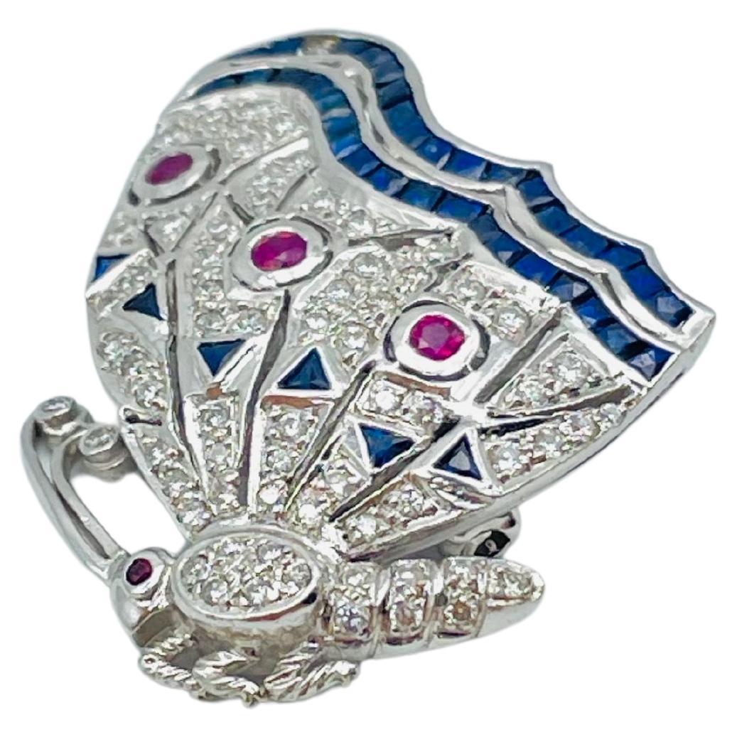 Luxury 18k white gold brooch with diamonds, sapphires and rubies iced out For Sale 8