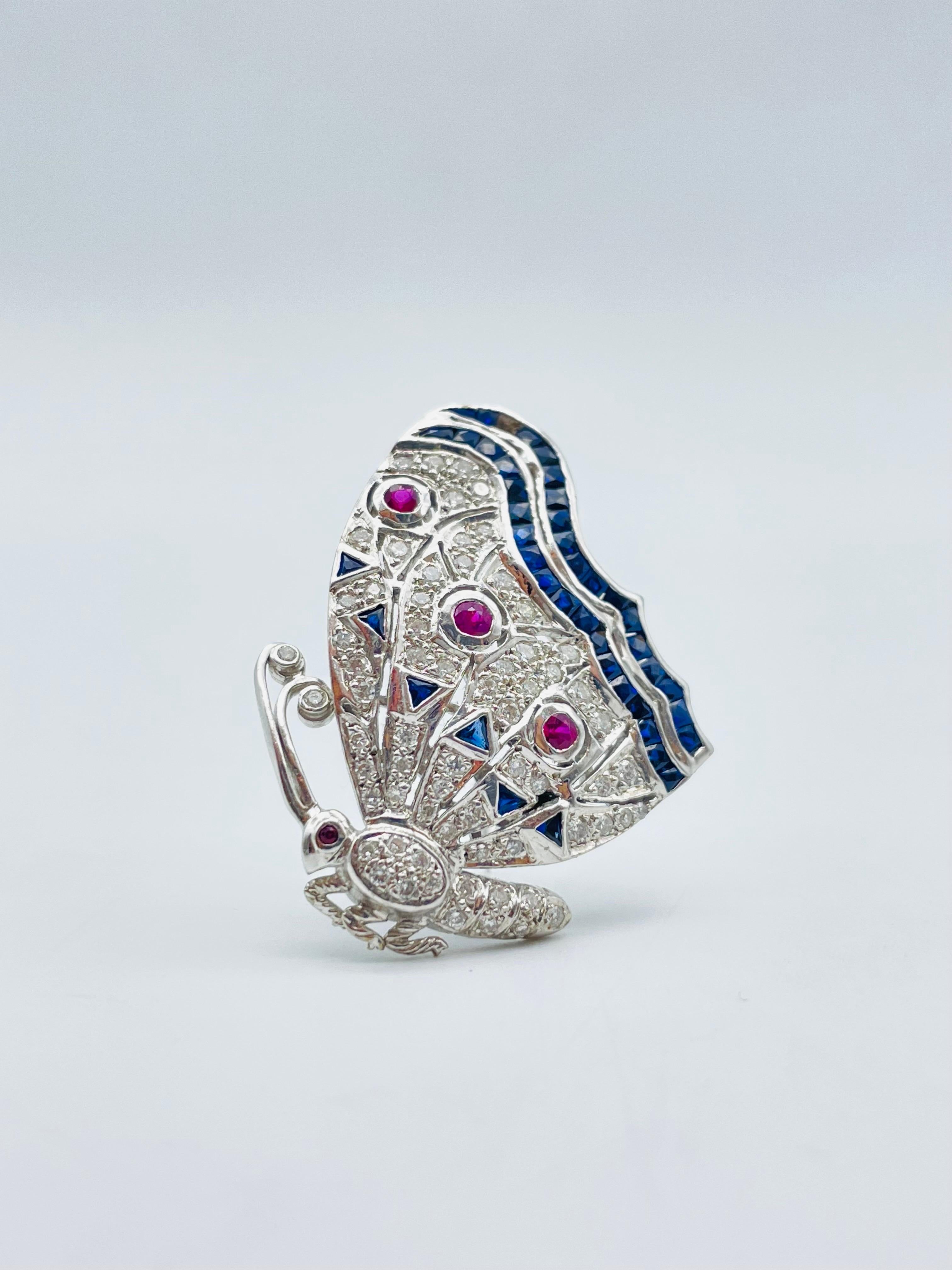 Luxury 18k white gold brooch with diamonds, sapphires and rubies iced out For Sale 9