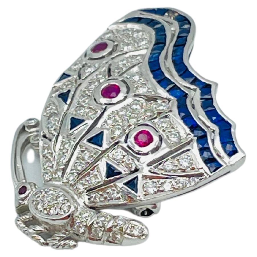 Aesthetic Movement Luxury 18k white gold brooch with diamonds, sapphires and rubies iced out For Sale