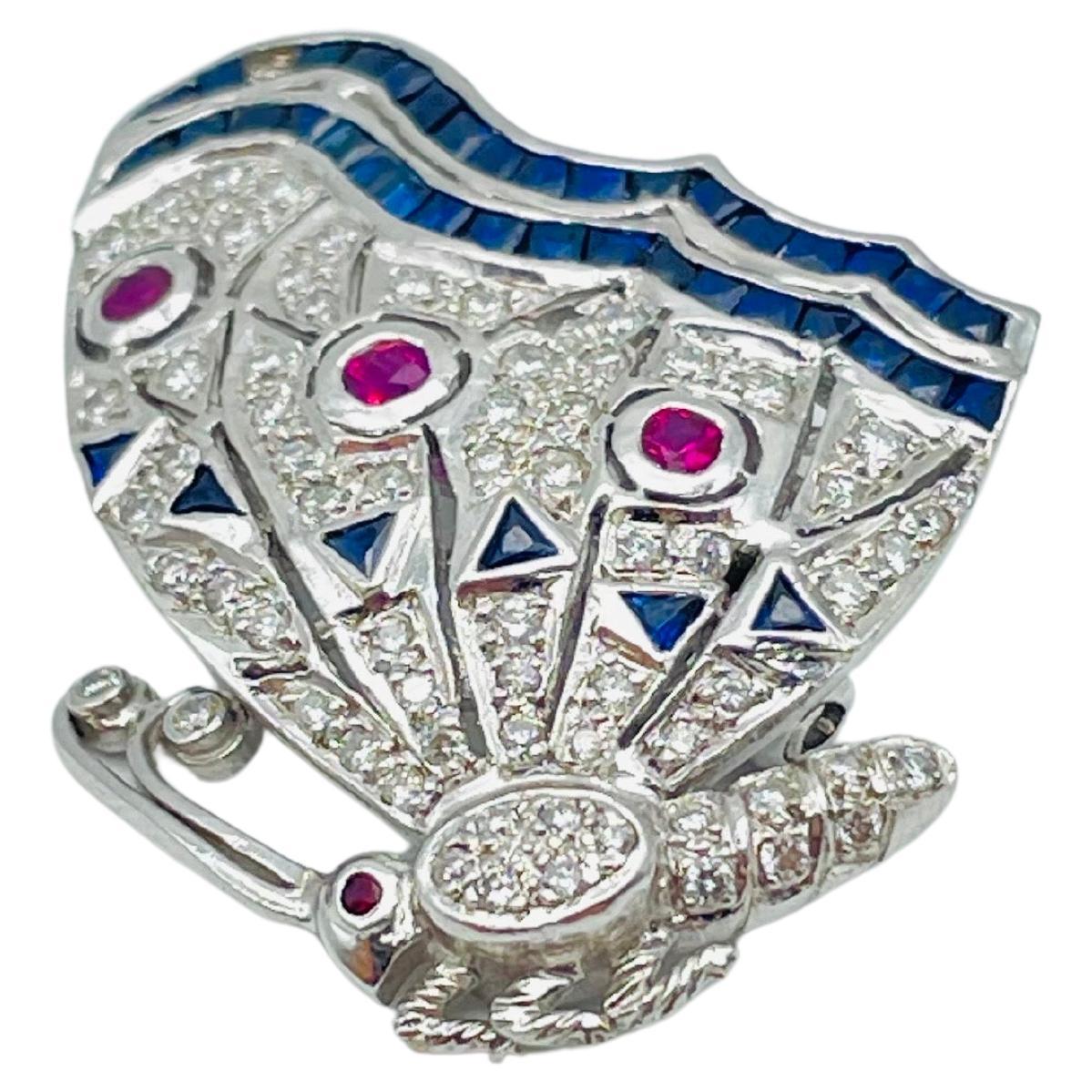 Mixed Cut Luxury 18k white gold brooch with diamonds, sapphires and rubies iced out For Sale