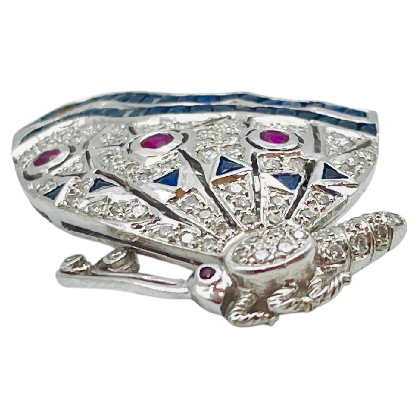Women's or Men's Luxury 18k white gold brooch with diamonds, sapphires and rubies iced out For Sale