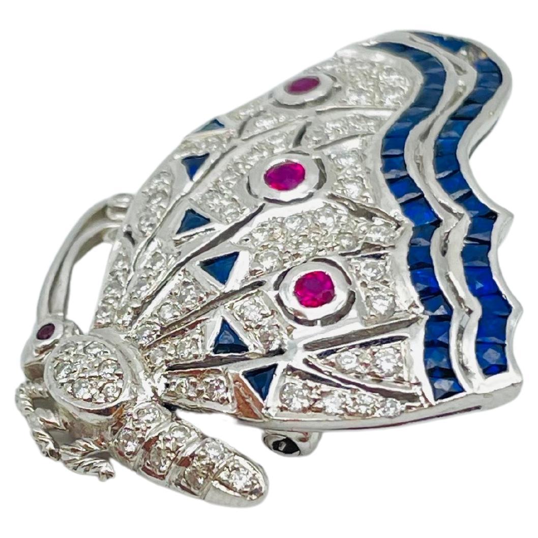Luxury 18k white gold brooch with diamonds, sapphires and rubies iced out For Sale 1
