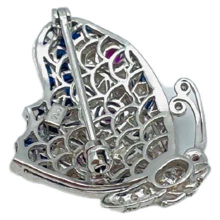 Luxury 18k white gold brooch with diamonds, sapphires and rubies iced out For Sale 2