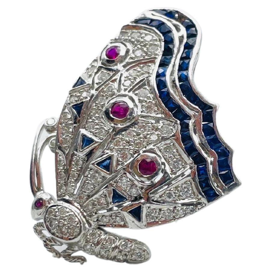Luxury 18k white gold brooch with diamonds, sapphires and rubies iced out For Sale