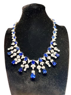Luxury 18k White Gold Statement Ceylon Sapphire & Diamond Necklace, 82.58 Carats