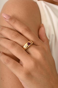 Luxury 18Kt Yellow Gold Heart Cut Ruby and Diamond Dome Band Ring Fine Jewelry