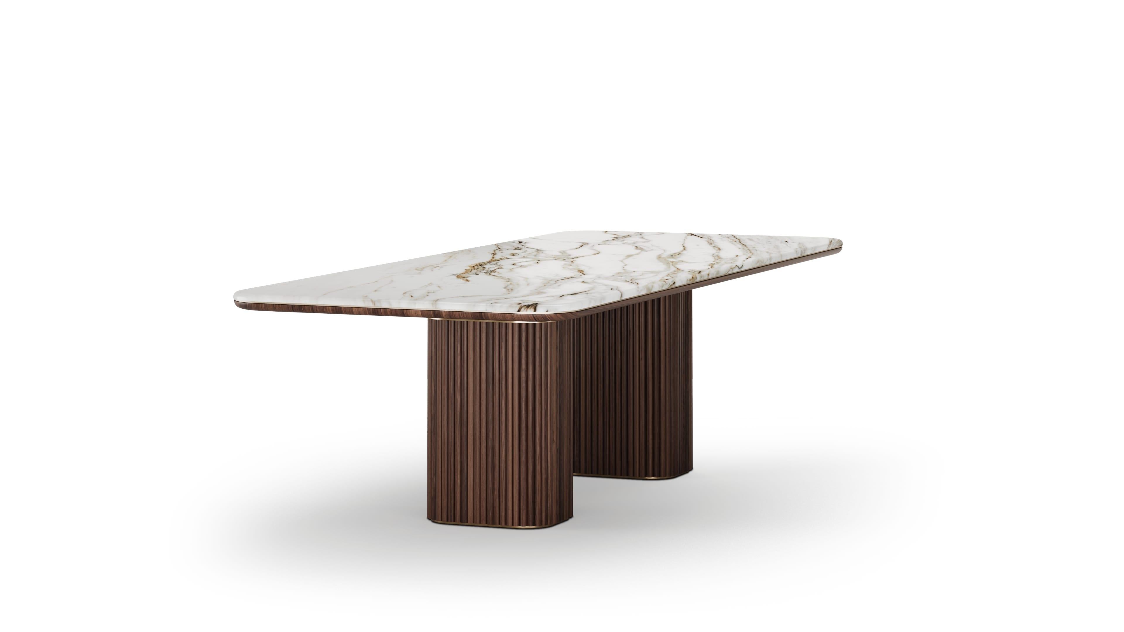 Mid-Century Modern Luxury 2-Foot Walnut and Marble Top Doran Dining Table with Brass Accents For Sale