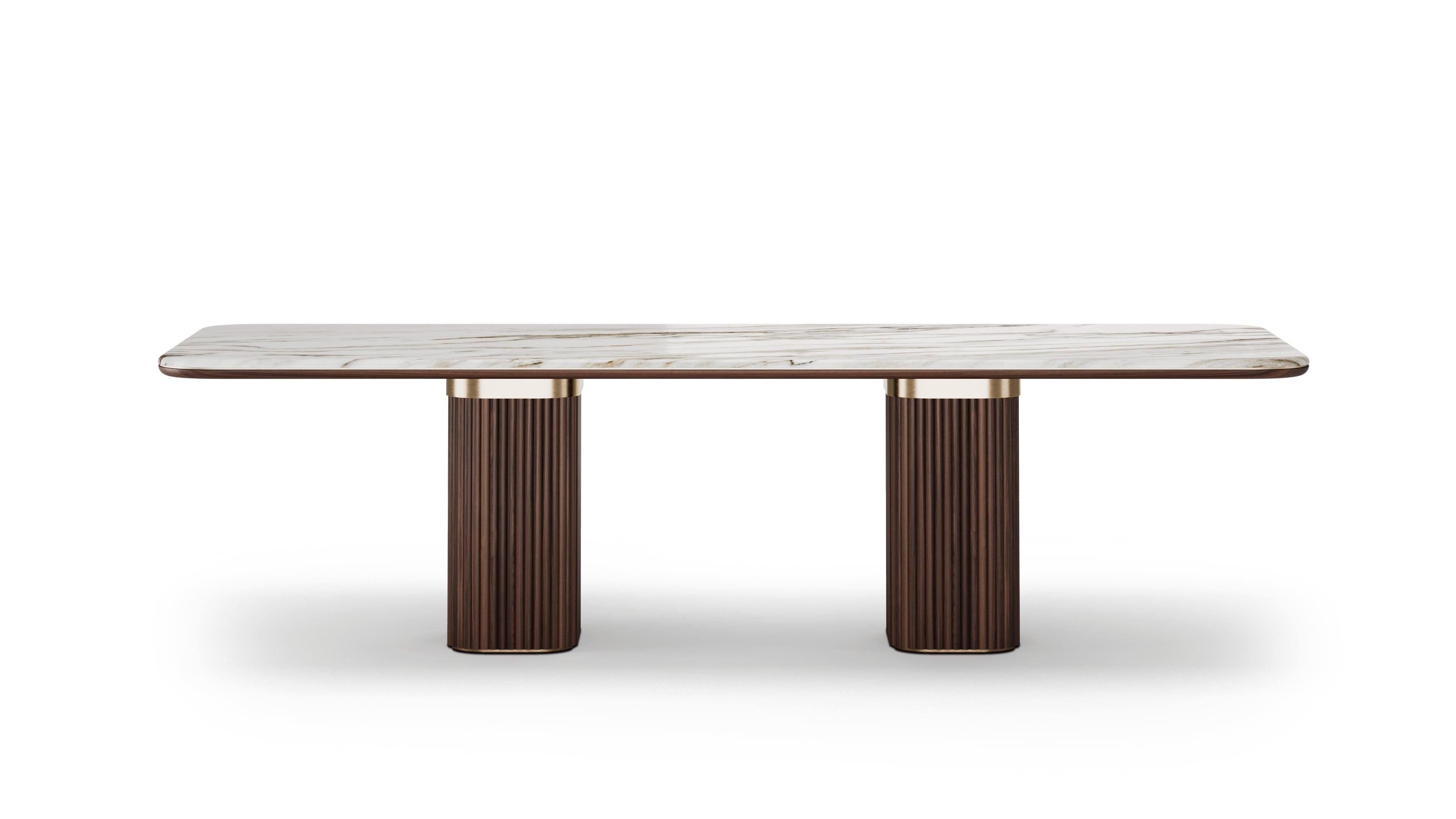 Portuguese Luxury 2-Foot Walnut and Marble Top Doran Dining Table with Brass Accents For Sale