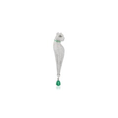 Pendentif panthère en or blanc 14k avec yeux en émeraude, 2.24Ct Diamond Brooch